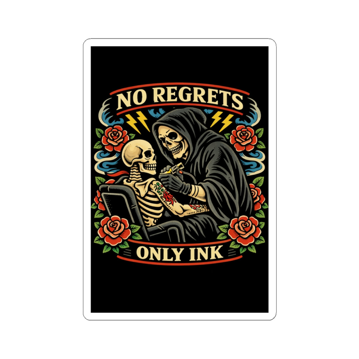 No Regrets Only Ink Sticker | American Traditional Tattoo Sticker | Grim Reaper Tattoo Art | Waterproof Vinyl Sticker | Tattoo Culture Decal